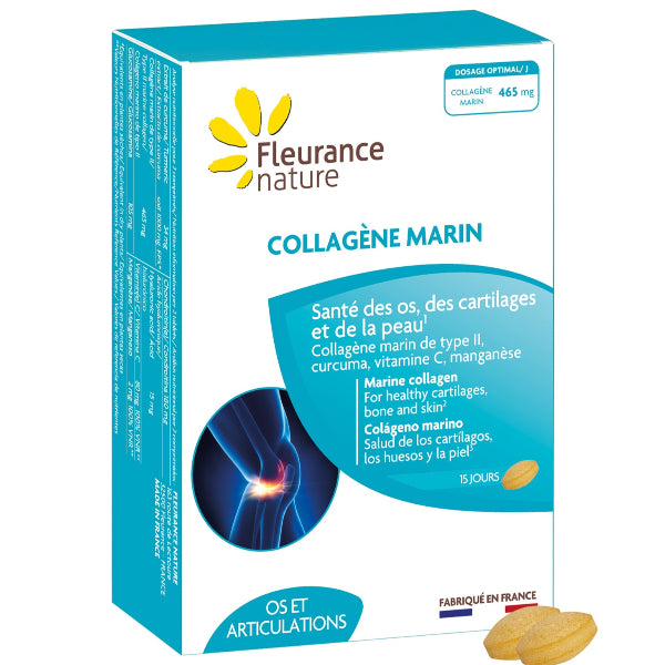 Fleurance Nature Marine Collagen, 30 tabs, supports skin firmness and hydration with collagen, vitamin C, and zinc.