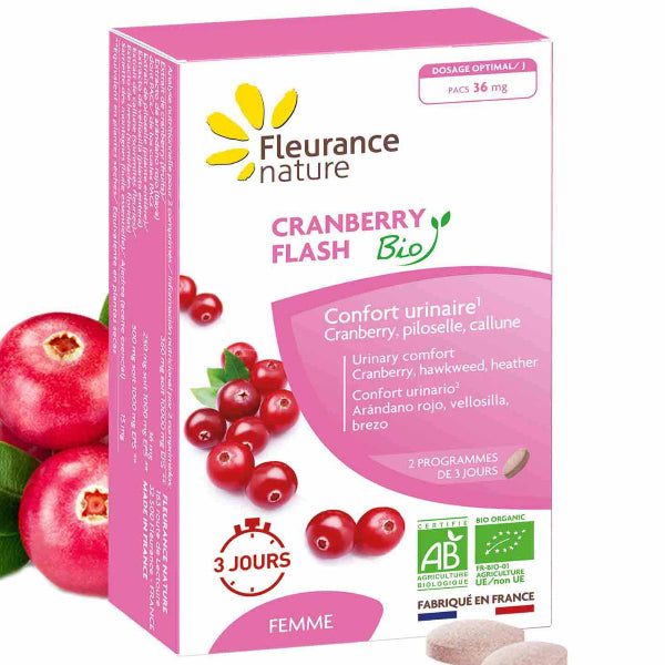 Fleurance Nature Organic Flash Cranberry, 14 tablets, supports urinary comfort with concentrated cranberry and plant extracts.