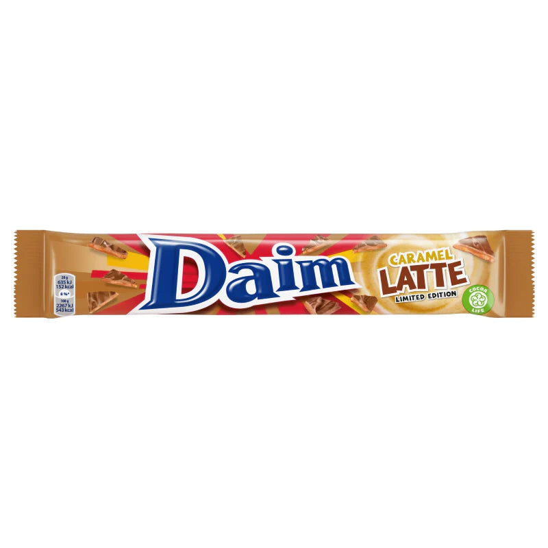 Daim Caramel Latte chocolate bar, combining rich milk chocolate with crunchy caramel and a coffee twist.