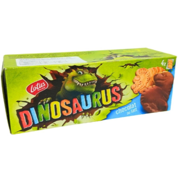 Crunchy, dinosaur-shaped cookies covered with a creamy milk chocolate coating