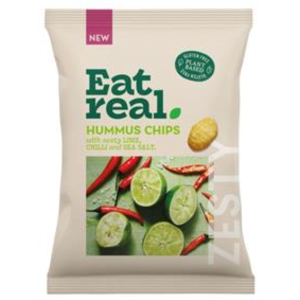 Tangy Eat Real hummus chips with zesty lime, chilli, and sea salt for a bold, crunchy snack.