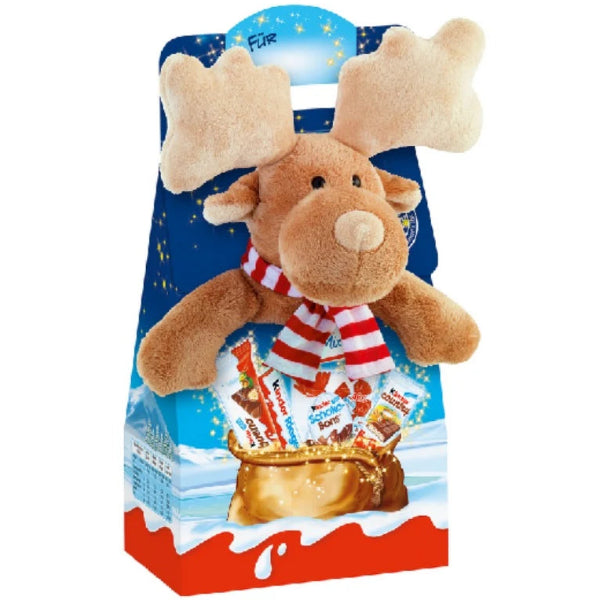 A delightful gift set featuring a mix of Kinder chocolates and a soft plush toy, perfect for festive surprises and sweet treats.
