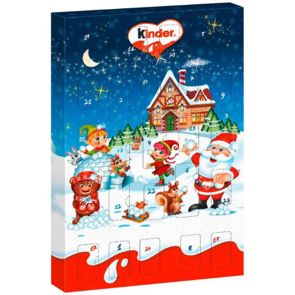 A festive advent calendar filled with a delightful assortment of Kinder milk chocolate treats, perfect for counting down to Christmas.