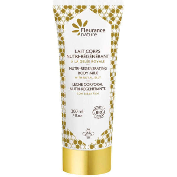A nourishing organic body milk enriched with royal jelly and shea butter for soft, hydrated skin