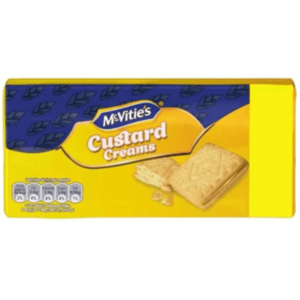 Classic custard cream biscuits with a smooth, creamy filling.