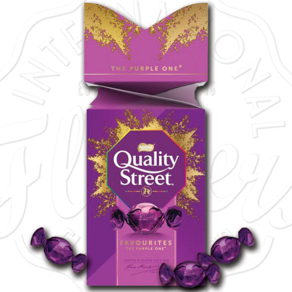 Festive Quality Street Chocolate Cracker in purple, filled with assorted chocolates for sharing.