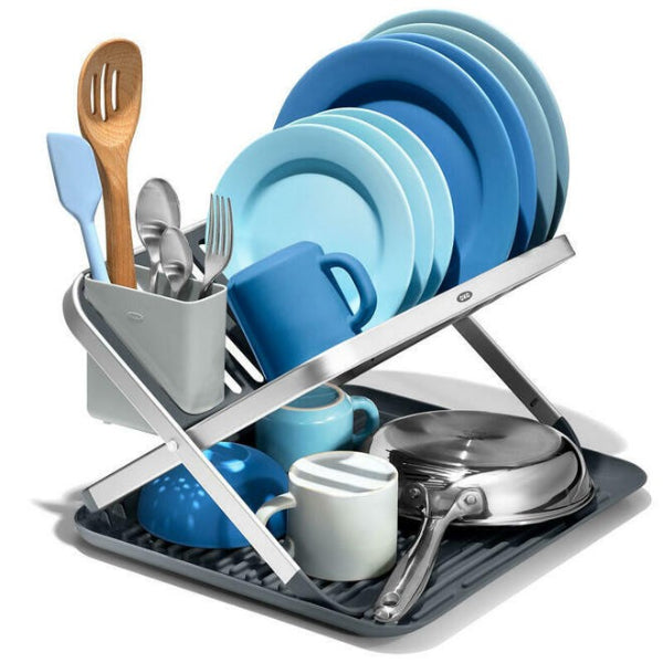 Two-tier OXO aluminum dish rack that folds flat for easy, space-saving storage.