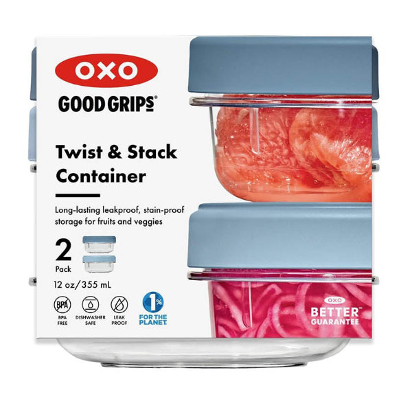 Set of 2 Twist & Stack containers, 350 ml each, with airtight lids for easy stacking and fresh storage.