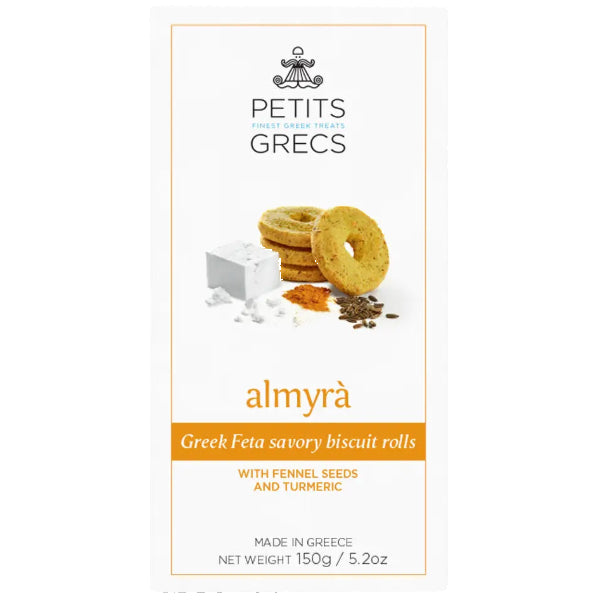 Petits Grecs Almyra feta with fennel and turmeric, offering a fragrant, savory twist on creamy cheese.
