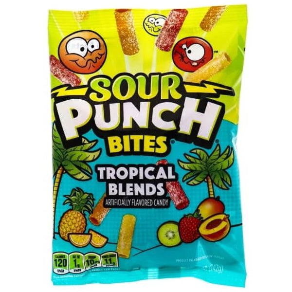 A vibrant mix of chewy, sour candy bites in tropical flavors
