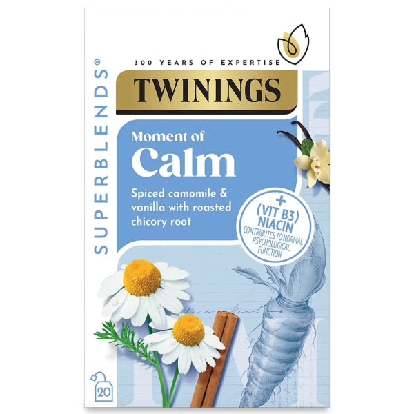 A soothing herbal tea blend of camomile, roasted chicory root, cinnamon, and vanilla, enriched with niacin to support psychological function.