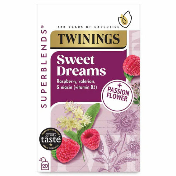 A calming herbal tea with raspberry, valerian, and passionflower for restful sleep.