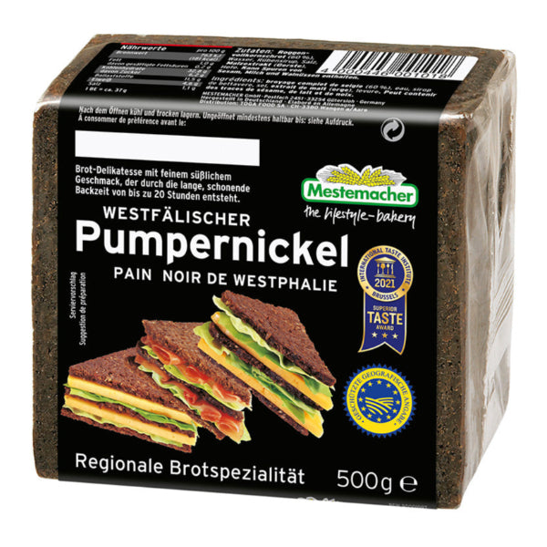 A traditional German rye bread with a rich, slightly sweet flavor, achieved through a slow baking process.