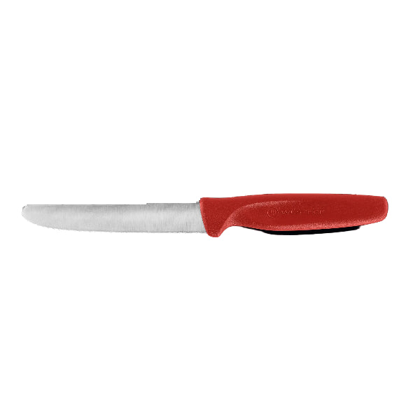 Wüsthof Create red serrated paring knife, 10 cm, ideal for precise cutting of fruits, vegetables, and small ingredients.