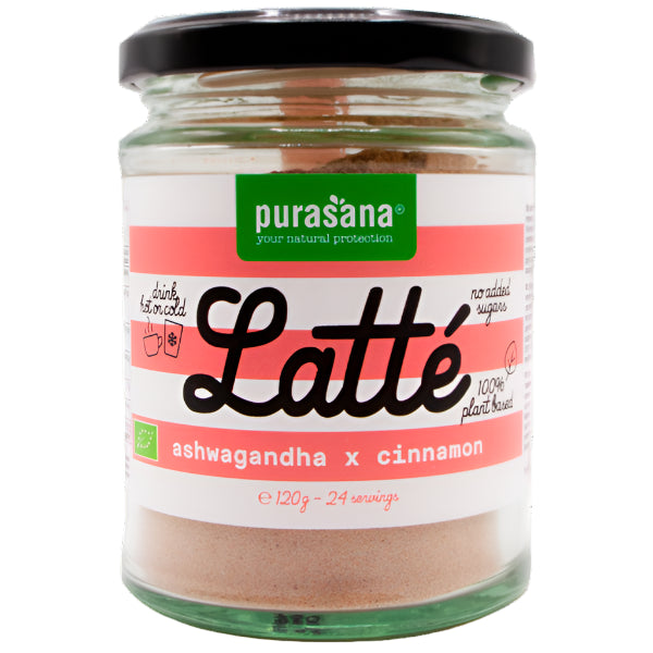 Calming 120 g organic ashwagandha and cinnamon latte mix for relaxation and wellness.