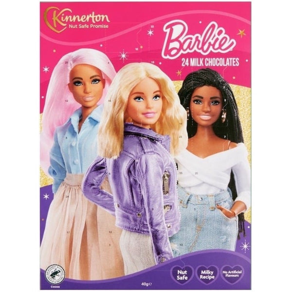 Mini advent calendar with 24 milk chocolates, featuring Barbie for a fun festive countdown.