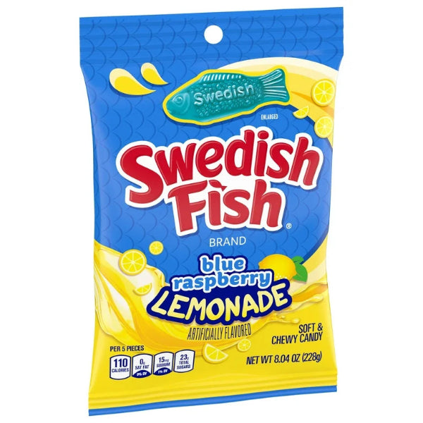 Offers chewy, fruity fish candies bursting with the refreshing blend of blue raspberry and zesty lemonade