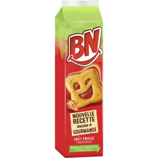 Light, golden sandwich biscuits embossed with cheerful smiley faces and filled with a naturally flavored strawberry cream
