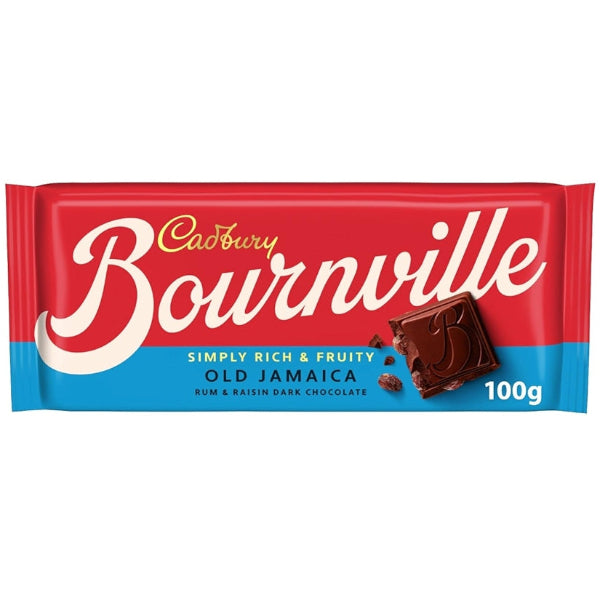 Cadbury Bournville Old Jamaica dark chocolate with rum and raisin for a rich, classic indulgence.