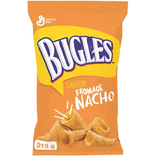 Crispy corn Bugles with bold nacho cheese flavor, perfect for snacking anytime.
