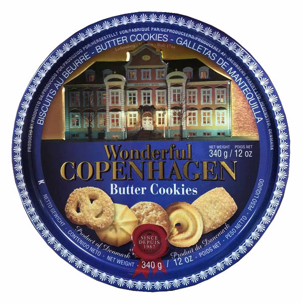 Classic buttery Jacobsens cookies in an elegant tin, perfect for sharing or gifting.