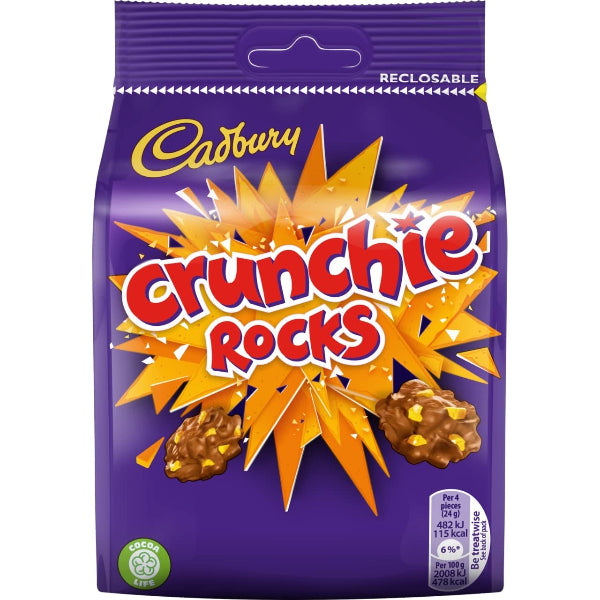 clusters of golden honeycomb pieces Covered in smooth Cadbury milk chocolate for a satisfying crunch in every bite.
