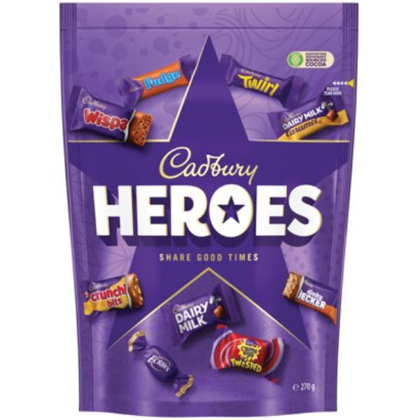 Festive sharing pouch filled with an assortment of Cadbury Heroes mini chocolates, perfect for treating family and friends.