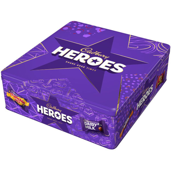 Festive square tin filled with a mix of Cadbury Heroes favourites, perfect for sharing over the holidays