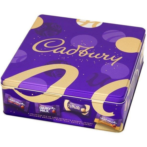 Extra-large festive tin filled with classic Cadbury Dairy Milk chocolate chunks, perfect for generous sharing and gifting.