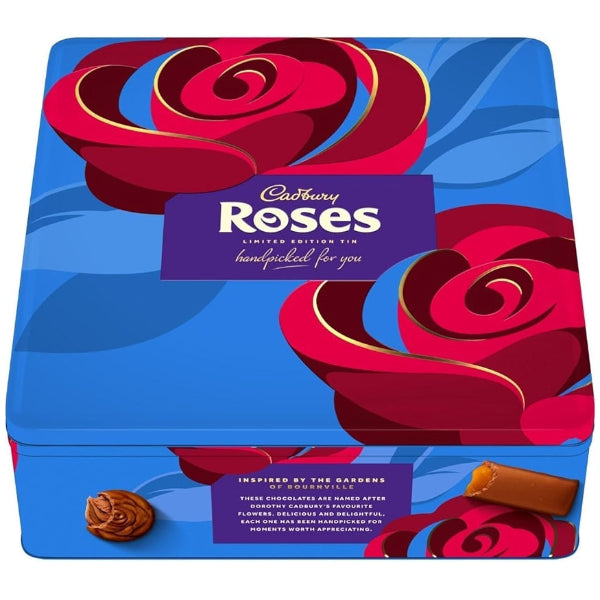 Generous tin of Cadbury Roses chocolates, offering a delightful assortment perfect for sharing and gifting.