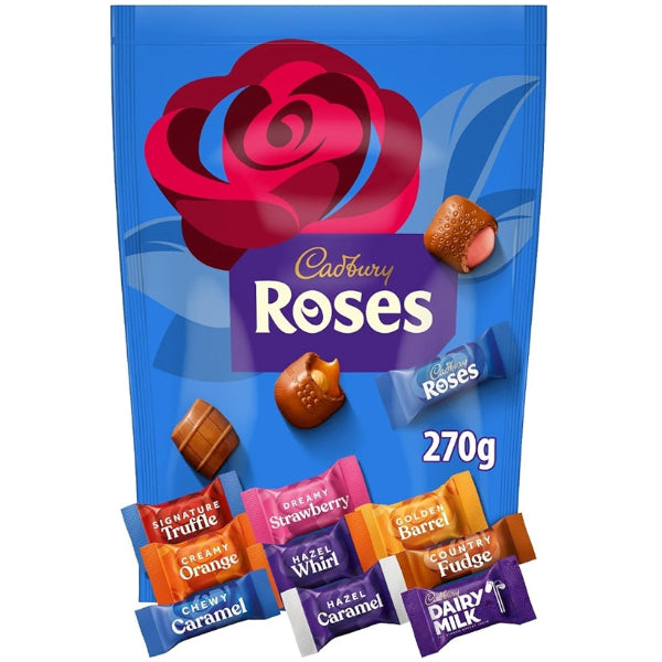 Festive pouch filled with a colourful assortment of Cadbury Roses chocolates, perfect for sharing and gifting.