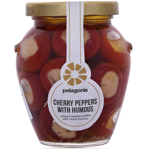 Spicy cherry peppers filled with creamy hummus.