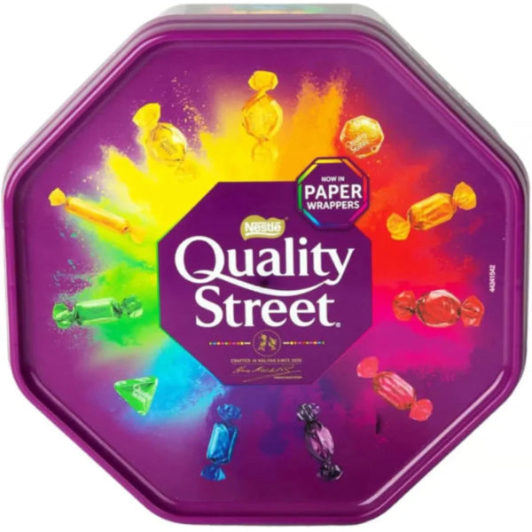A festive tub of Nestlé Quality Street chocolates, filled with a variety of rich, colourful treats.
