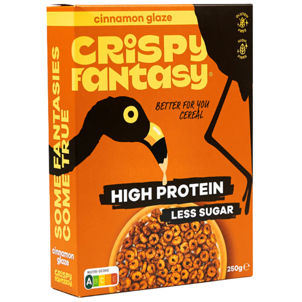 Crunchy, high-protein cereal with a sweet cinnamon glaze, offering a deliciously satisfying and low-sugar breakfast