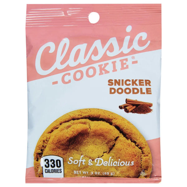 A generously sized, individually wrapped snickerdoodle soft cookie flavored with vibrant cinnamon‑sugar