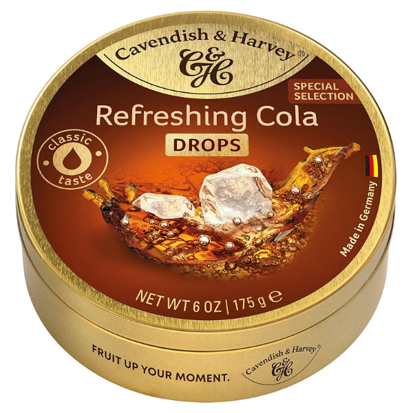 Cola Drops capturing the fizzy sweetness of cola in a stylish golden tin.