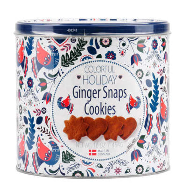 Spicy, crisp Jacobsen ginger snap cookies in a festive tin, perfect for gifting or snacking.