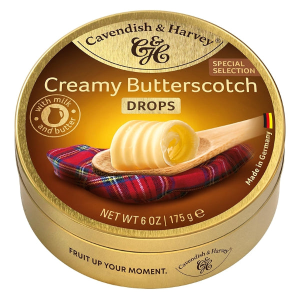 Creamy Butterscotch Drops, a luxurious treat presented in a signature golden tin.