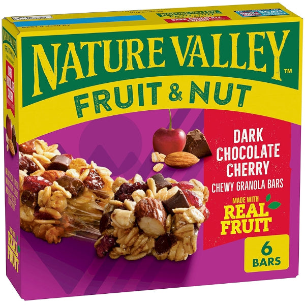 Chewy granola bars with dark chocolate, cherries, and trail mix ingredients for a sweet and satisfying snack.