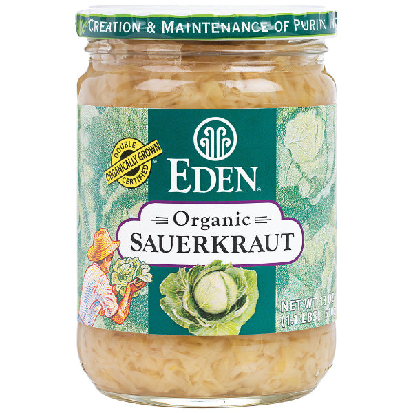 Offers crisp, finely shredded organic cabbage naturally fermented for a tangy, probiotic-rich topping or side dish.