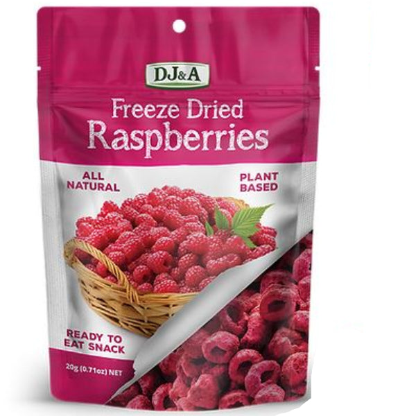DJ&A Freeze-Dried Raspberries, a crunchy, naturally sweet addition to snacks, desserts, or cereals.