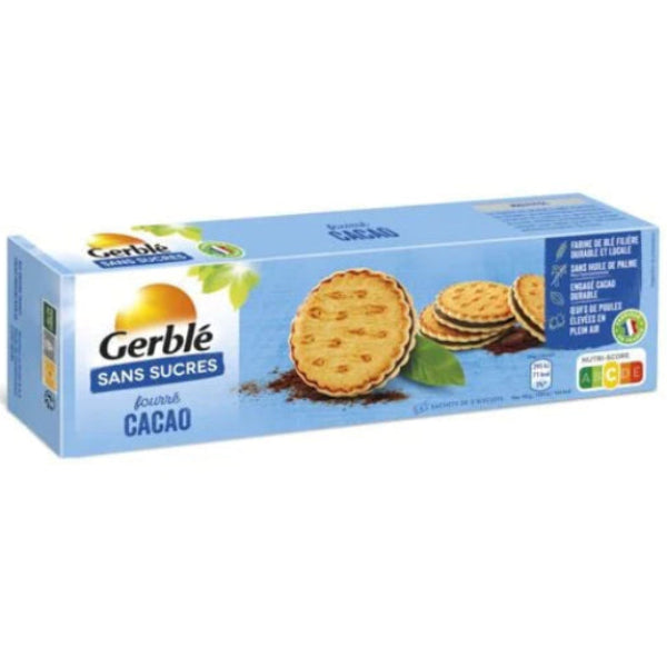 French wheat biscuits generously filled with creamy cocoa, sweetened with maltitol