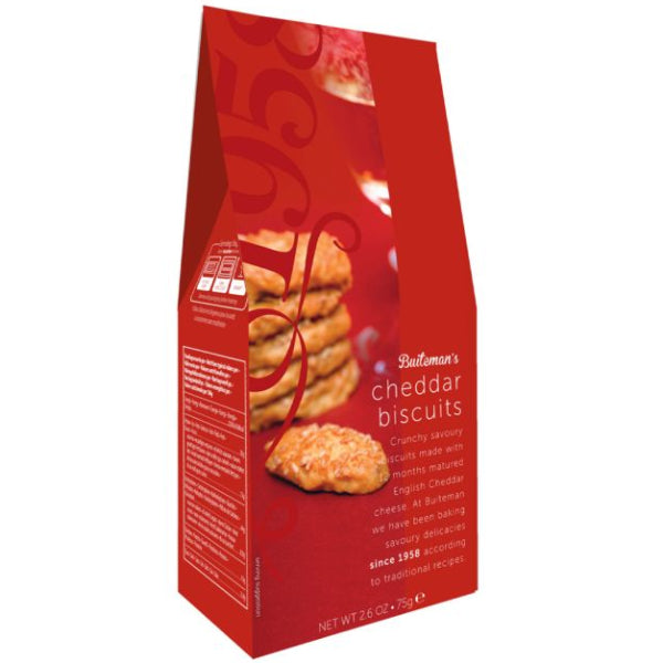 Crisp, buttery cheddar biscuits in a charming Buiteman gift box, perfect for snacking or sharing.