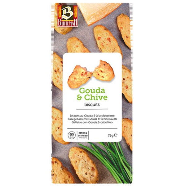 Crisp, buttery Gouda and chive biscuits, ideal for savoury snacking or gifting.