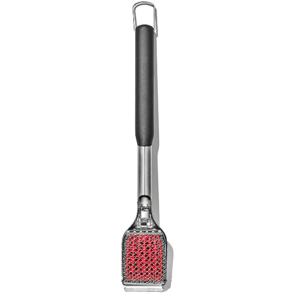 Hot clean grill brush with a replaceable head and Good Grips handle for safe, effective grill cleaning.