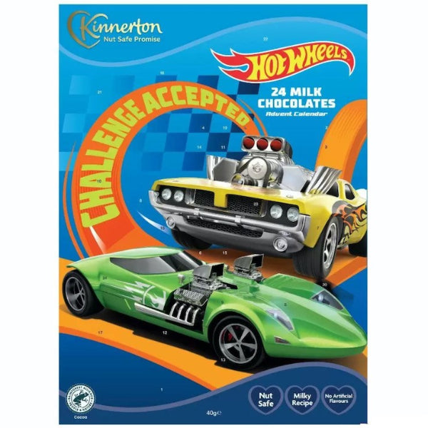 Mini advent calendar with 24 milk chocolates, featuring Hot Wheels for a thrilling festive countdown.