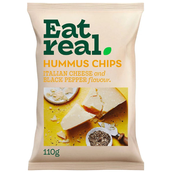 Crunchy hummus-based chips with a bold blend of cheesy richness and a peppery kick