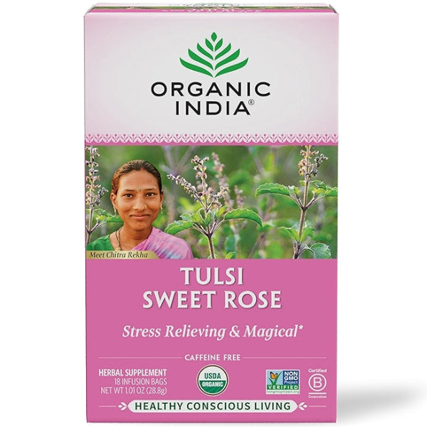 A fragrant, floral blend of tulsi and rose petals, offering a naturally soothing and uplifting herbal cup.