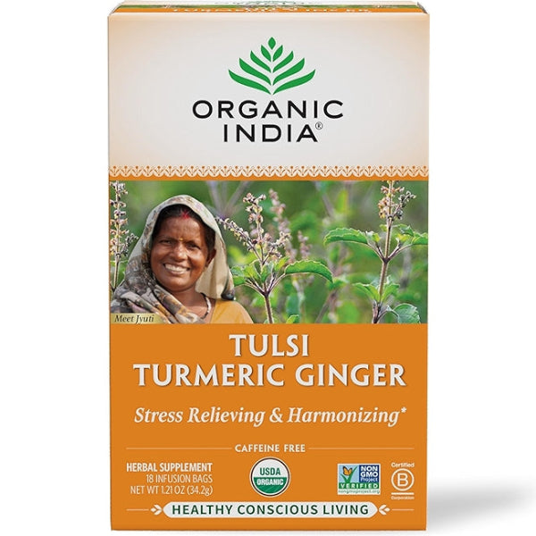 An aromatic, warming blend of turmeric, ginger, and holy basil, perfect for a soothing, wellness-boosting cup.