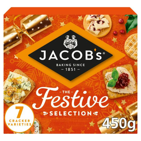 A festive assortment of seven Jacob’s cracker varieties, perfect for holiday entertaining and cheese pairings.
